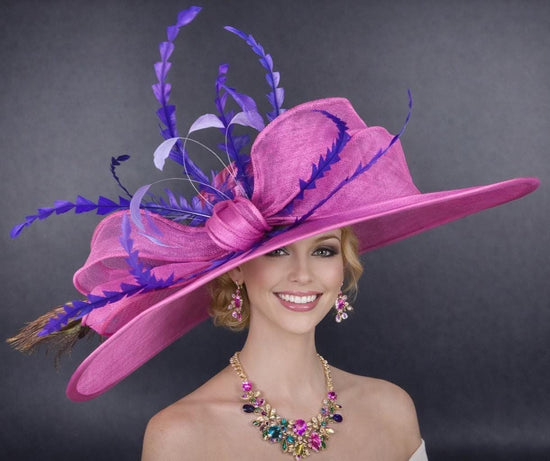 Wide Brim Kentucky Derby Hat, Ascot Hat for Wedding & Tea Party, Garden Party Hat, Mother of the Bride, Church Fuchsia/Hot Pink Purple