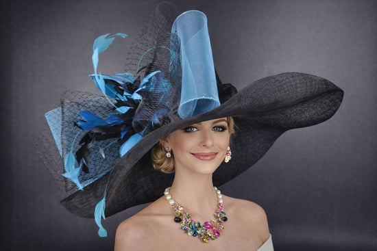 Wide Brim Kentucky Derby Hat, Ascot Hat for Wedding & Tea Party, Garden Party Hat, Mother of the Bride, Church Black Teal Blue