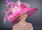 Hot Pink Crin Bow Feather Flower Wide Brim Kentucky Derby Hat,Ascot Hat for Wedding Tea Party, Garden Party Hat, Mother of the Bride, Church