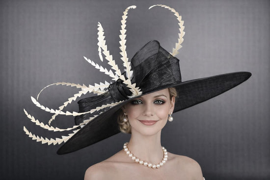 Black  Ivory Feather Jumbo  Bow Kentucky Derby Hat,Ascot Hat for Wedding & Tea Party, Garden Party Hat, Mother of the Bride, Church