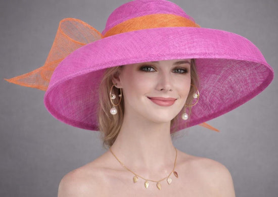 Audrey Hepburn Style Wide Brim Kentucky Derby Hat,Ascot Hat for Wedding  Tea Party,Garden Party Hat, Mother of the Bride, Church Pink Orange