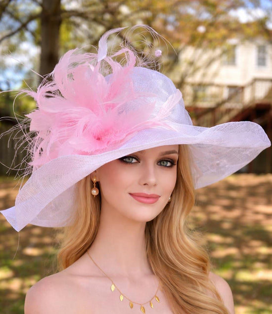 White  Pink Feather  Wide Brim Kentucky Derby Hat,Ascot Hat for Wedding & Tea Party, Garden Party Hat, Mother of the Bride, Church