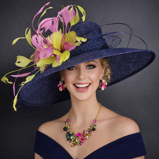 Navy blue Pink Green Wide Brim Sinamay Hat For Kentucky Derby Party, Ascot Royal Party, Garden Party, Tea Party, Wedding Party, Churh