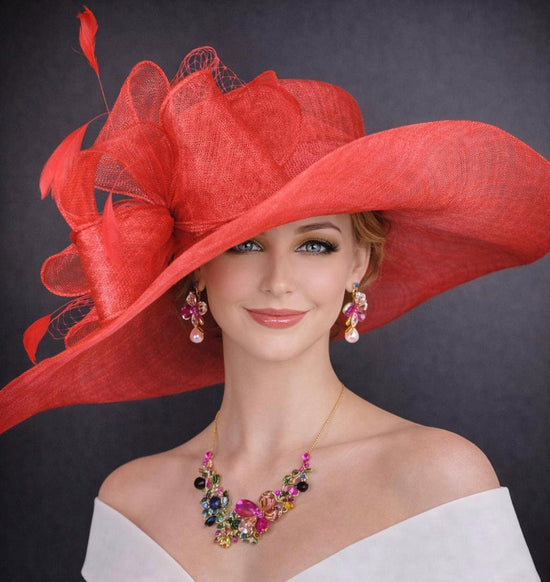 Red Sinamay Derby Hat: Wide Brim Wedding Church Hat