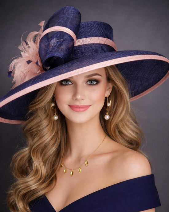 Navy Blue Blush Dusty Pink Wide Brim Kentucky Derby Hat, Ascot Hat for Wedding & Tea Party, Garden Party Hat, Mother of the Bride, Church