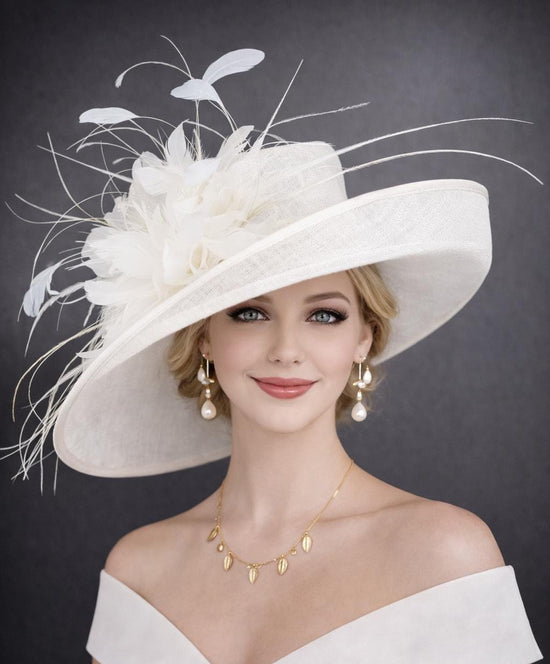 White Sinamay Derby Hat: Feather Flower, Wide Brim