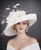 White Sinamay Derby Hat: Feather Flower, Wide Brim