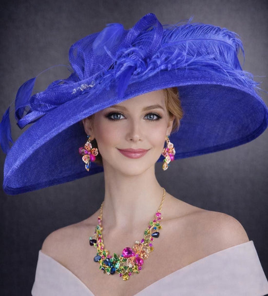 Royal Blue  Feathered Wide Brim Kentucky Derby Hat, Ascot Hat for Wedding & Tea Party, Garden Party Hat, Mother of the Bride, Church