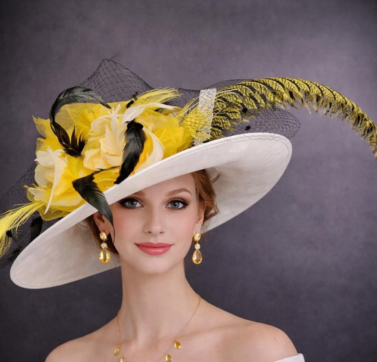 Wide Brim Kentucky Derby Hat, Ascot Hat for Wedding & Tea Party, Garden Party Hat,Mother of the Bride, Church Yellow  Zebra Pheasant Feather