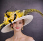Wide Brim Kentucky Derby Hat, Ascot Hat for Wedding & Tea Party, Garden Party Hat,Mother of the Bride, Church Yellow  Zebra Pheasant Feather