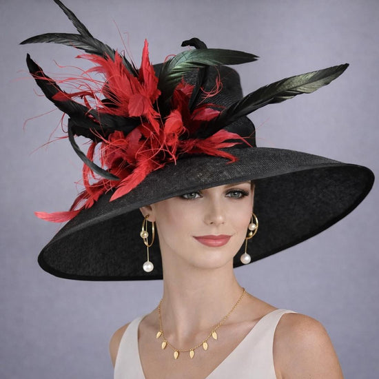 Wide Brim Kentucky Derby Hat, Ascot Hat for Wedding & Tea Party, Garden Party Hat, Mother of the Bride, Church Black W Red
