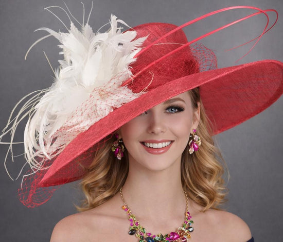 Red  White Feather Flower Wide Brim Kentucky Derby Hat, Ascot Hat for Wedding & Tea Party, Garden Party Hat, Mother of the Bride, Church