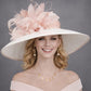 Wide Brim Kentucky Derby Hat, Ascot Hat for Wedding & Tea Party, Garden Party Hat, Mother of the Bride, Church White w Dusty/Blush Pink