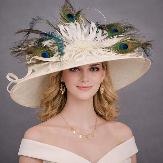 Wide Brim Kentucky Derby Hat, Ascot Hat for Wedding & Tea Party, Garden Party Hat, Mother of the Bride, Church Off White Peacock Feathers