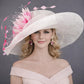 White with Pink Feather Flower Wide Brim Kentucky Derby Hat, Ascot Hat for Wedding Tea Party, Garden Party Hat, Mother of the Bride, Church
