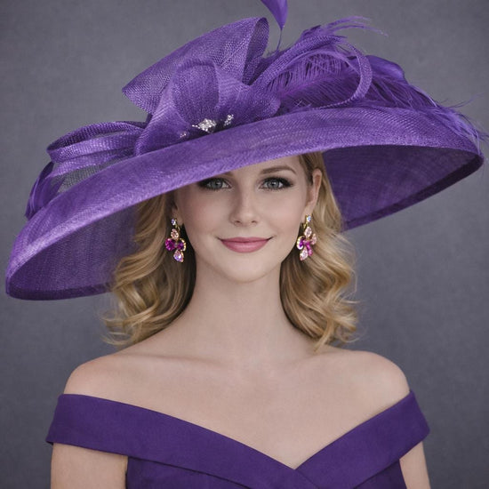 Purple  Feathered Wide Brim Kentucky Derby Hat, Ascot Hat for Wedding & Tea Party, Garden Party Hat, Mother of the Bride, Church