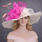 White, Pink Silk Flower Wide Brim Kentucky Derby Hat, Ascot Hat for Wedding & Tea Party, Garden Party Hat, Mother of the Bride, Church