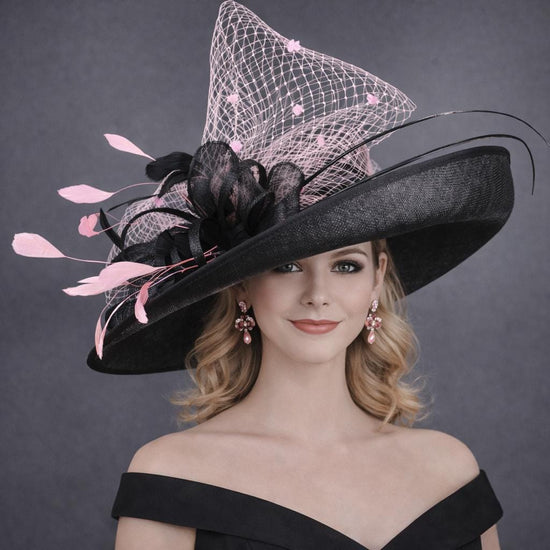 Wide Brim Kentucky Derby Hat, Ascot Hat for Wedding & Tea Party, Garden Party Hat, Mother of the Bride, Church Black Pink