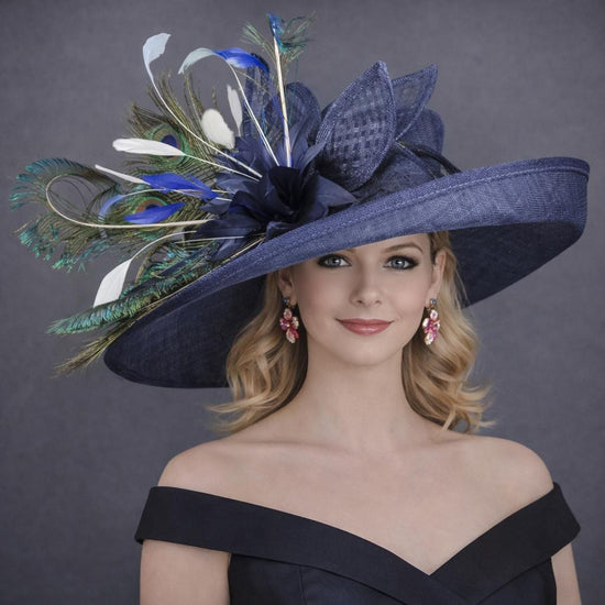 Wide Brim Kentucky Derby Hat, Ascot Hat for Wedding & Tea Party, Garden Party Hat, Mother of the Bride, Church Navy Blue Powder Blue Peacock