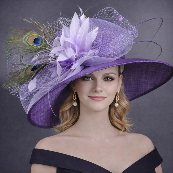 Purple Lilac  Peacock Feather Wide Brim Kentucky Derby Hat,Ascot Hat for Wedding & Tea Party, Garden Party Hat, Mother of the Bride, Church