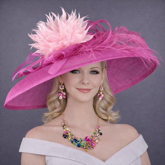 Fuchsia Pink Wide Brim Kentucky Derby Hat, Ascot Hat for Wedding & Tea Party, Garden Party Hat, Mother of the Bride, Church ,Oaks Day