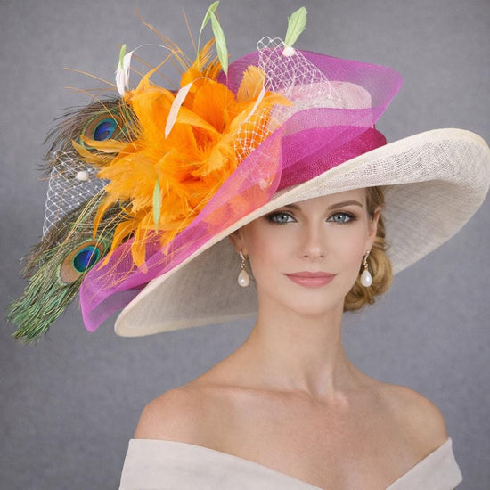 Church Kentucky Derby Hat Wide Brim Sinamay Hat Carriage Tea Party Wedding  Ivory/off White with Hot Pink Orange Feather Flower