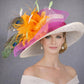 Church Kentucky Derby Hat Wide Brim Sinamay Hat Carriage Tea Party Wedding  Ivory/off White with Hot Pink Orange Feather Flower