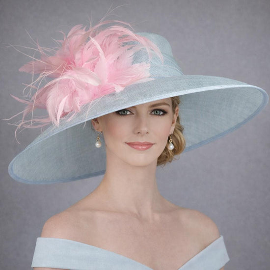Powder Blue Pink Feather Flowers Wide Brim Kentucky Derby Hat, Ascot Hat for Wedding Tea Party, Garden Party Hat, Mother of the Bride,Church