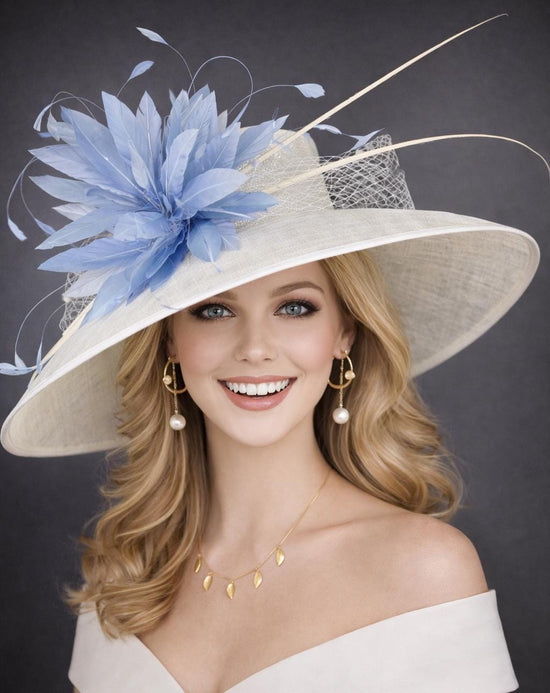 Wide Brim Kentucky Derby Hat, Ascot Hat for Wedding & Tea Party, Garden Party Hat, Mother of the Bride, Church White W Powder Blue