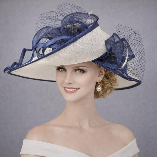 White Navy Sinamay Wide Brim Kentucky Derby Hat,Ascot Hat for Wedding & Tea Party, Garden Party Hat, Mother of the Bride, Church