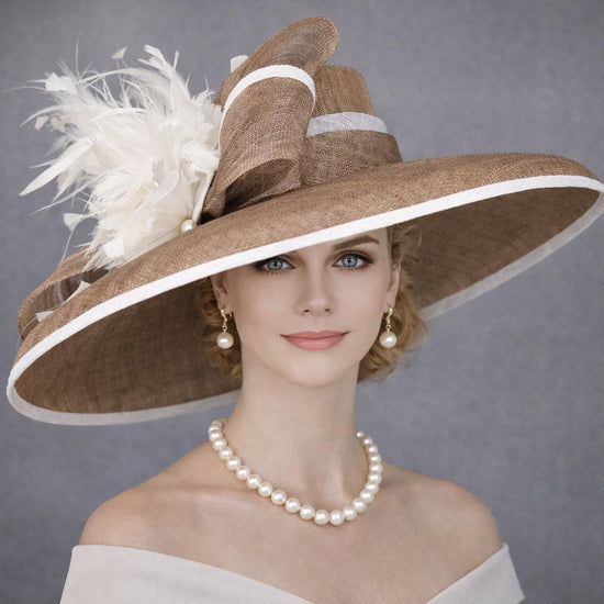 Taupe Off White Ivory Wide Brim Kentucky Derby Hat, Ascot Hat for Wedding & Tea Party, Garden Party Hat, Mother of the Bride, Church