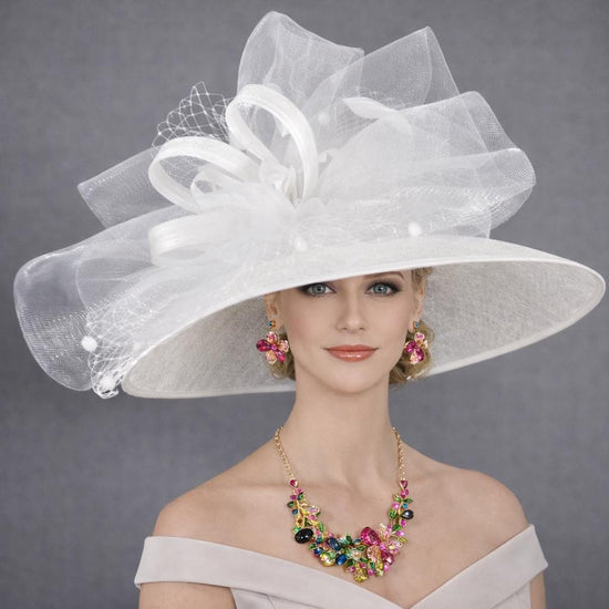 White Wide Brim Sinamay Hat with Tulle Bow, Wedding Church Hat, Mother of the Bride Hat,Garden Tea Party Hat,Kentucky Derby Hat,Ascort Royal