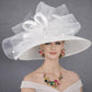 White Wide Brim Sinamay Hat with Tulle Bow, Wedding Church Hat, Mother of the Bride Hat,Garden Tea Party Hat,Kentucky Derby Hat,Ascort Royal