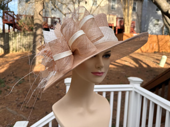 Taupe  Light Tan Ivory  Wide Brim Kentucky Derby Hat, Ascot Hat for Wedding Tea Party, Garden Party Hat, Mother of the Bride,Church