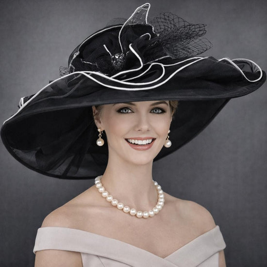 Black White Wide Brim Organza Kentucky Derby Hat, Tea Garden Wedding Party Hat, Ascot Royal Party Hat, Mother of the Bride Hat