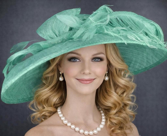 Jade Green Wide Brim Sinamay Hat, Kentucky  Derby Hat, Ascot Royal Party Hat, Mother of the Bride Hat, Tea Wedding Garden Party Hat, Church