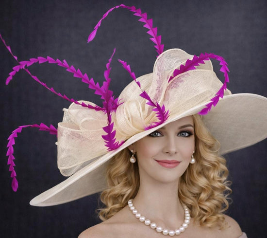 Ivory Off White Wide Brim Sinamay Hat For Kentucky Derby Party, Ascot Royal Party, Tea Wedding Garden Party, Mother of the Bride, Church