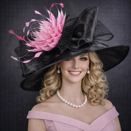 Black Pink Feather Flower Sinamay Organza Hat For Kentucky Derby, Ascot Royal Party, Oaks Day Party, Tea Wedding Garden Party Hat,Church
