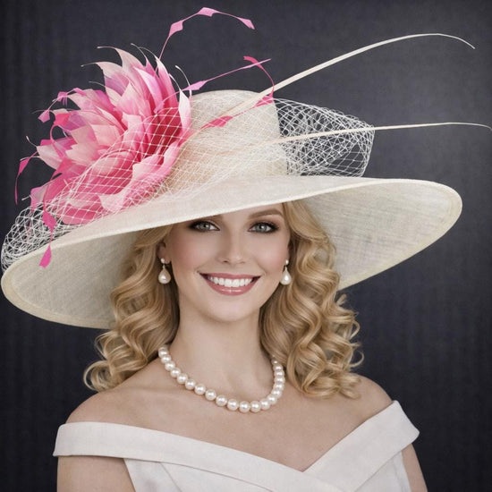 Off White  Pink Feather Flower Wide Brim Kentucky Derby Hat,Ascot Hat for Wedding & Tea Party,Garden Party Hat, Mother of the Bride, Church