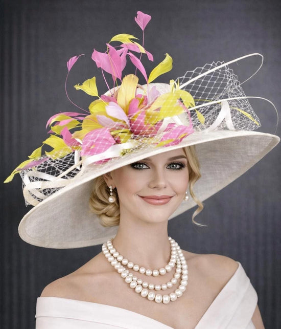 Ivory Hot Pink Lime Green Wide Brim Kentucky Derby Hat,Ascot Hat for Wedding & Tea Party, Garden Party Hat, Mother of the Bride, Church