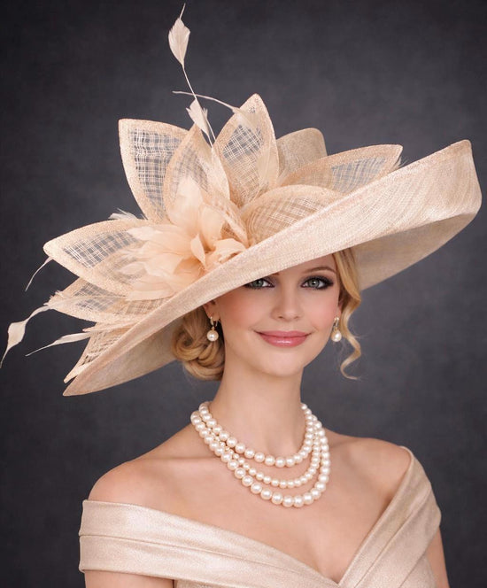 Wide Brim Kentucky Derby Hat, Ascot Hat for Wedding & Tea Party, Garden Party Hat, Mother of the Bride, Church Champagne