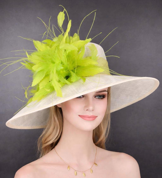 Ivory Lime Green Feather Flower Wide Brim Kentucky Derby Hat,Ascot Hat for Wedding &Tea Party, Garden Party Hat, Mother of the Bride, Church