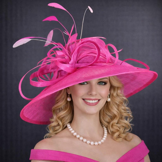 Fuchsia Sinamay Derby Hat: Wide Brim Feather Ascot Hat