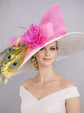 Wide Brim Sinamay Derby Hat: White, Hot Pink, Yellow Feathers