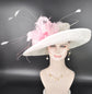 White  Pink Wide Brim Sinamay Kenturky Derby Hat, Ascot Royal Party Hat,Tea Garden Party Hat, Wedding Hat,Mother of the Bride Hat,Church Hat