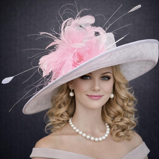 White  Pink Wide Brim Sinamay Kenturky Derby Hat, Ascot Royal Party Hat,Tea Garden Party Hat, Wedding Hat,Mother of the Bride Hat,Church Hat