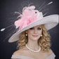White  Pink Wide Brim Sinamay Kenturky Derby Hat, Ascot Royal Party Hat,Tea Garden Party Hat, Wedding Hat,Mother of the Bride Hat,Church Hat