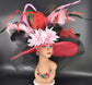 Wide Brim Sinamay Hat for Race Day – Red Pink Black Ostrich Feathers Couture Design