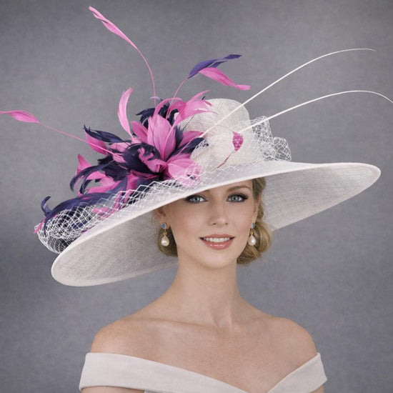 White Navy Blue Hot Pink Wide Brim Sinamay hat, Kentucky derby Hat, Wedding Guest Hat, Tea Party Hat, Ascot Royal Style Hat,Oaks Day Hat