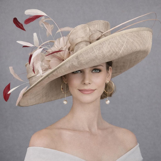 Taupe Burgundy Wide Brim Kentucky Derby Hat, Ascot Hat for Wedding & Tea Party, Garden Party Hat, Mother of the Bride, Church